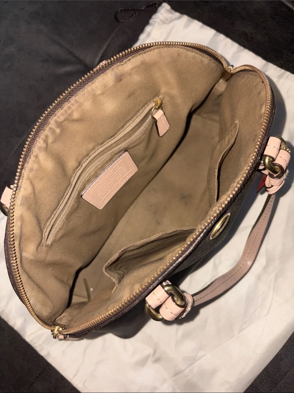Coach Brown Signature Dome Satchel with tan Handles and Red Tag
